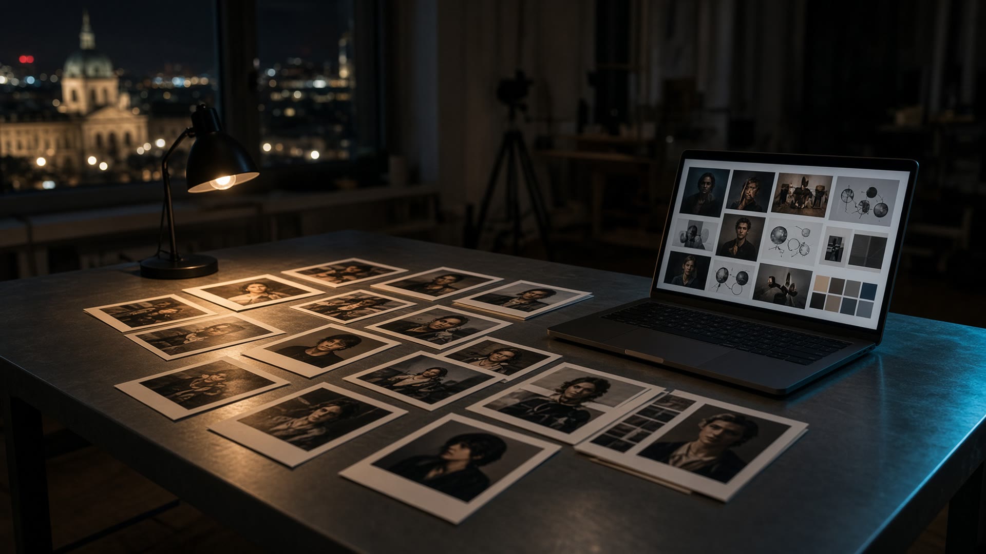 Studio table with contact sheets and an AI mood board